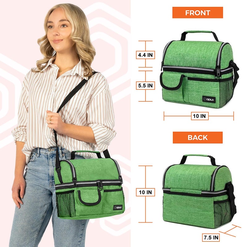 opux Lunch Box for Men, Adult Lunch Box Cooler, Insulated Lunch Bag Women, Dual Compartment Lunchbox for Work, Leakproof Double Decker Lunch Bag, Soft Lunch Pail Tote Boys Girls Kids School, Green - Image 3